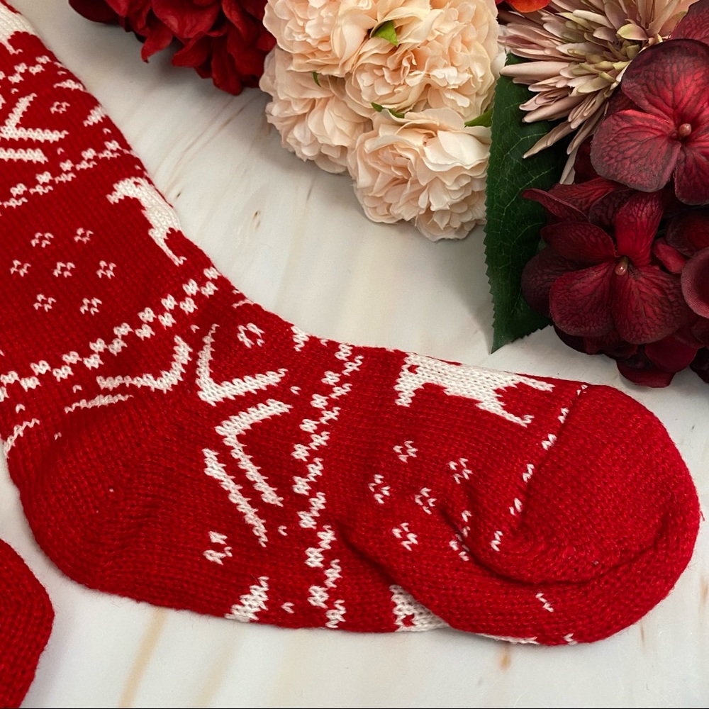Sexy Over the Knee Red Knit Reindeer Snowflake Socks with Pom Poms - Picture 8 of 15